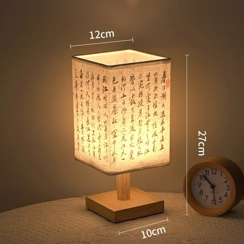 LED Bedside Table Lamp — Dimmable Wood & Linen Fabric Shade, Chinese Style, USB Plug