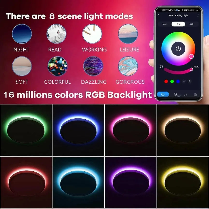 LED Ceiling Light — Smart RGB Tuya App Control, Dimmable Ambient Backlight, Music Sync, Living Room