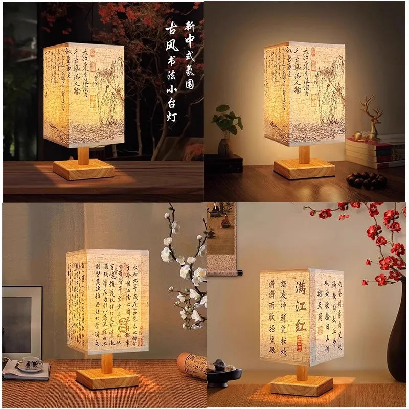 LED Bedside Table Lamp — Dimmable Wood & Linen Fabric Shade, Chinese Style, USB Plug