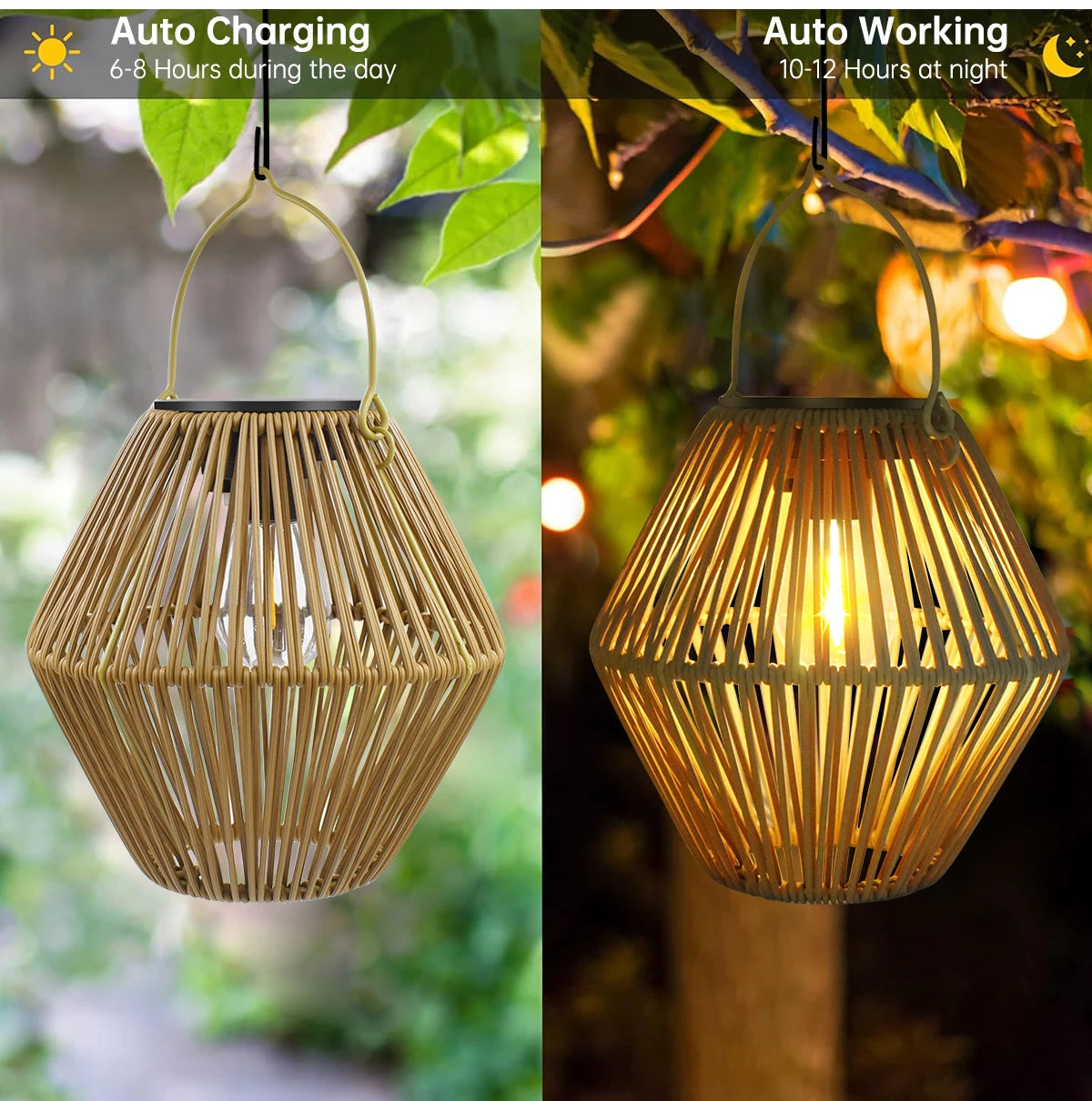 Solar Hanging Lantern — Waterproof Boho Woven Rattan Garden Light, Outdoor Patio Yard Decor