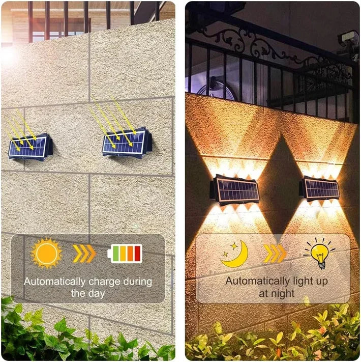 Solar Outdoor Wall Light — Up Down Waterproof Garden Sconce, IP65, Balcony Yard Patio Decor