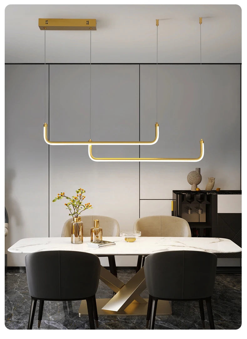 Gold Pendant Light — 26W Dimmable Linear Dining Room Chandelier, Adjustable Height, Gold Black