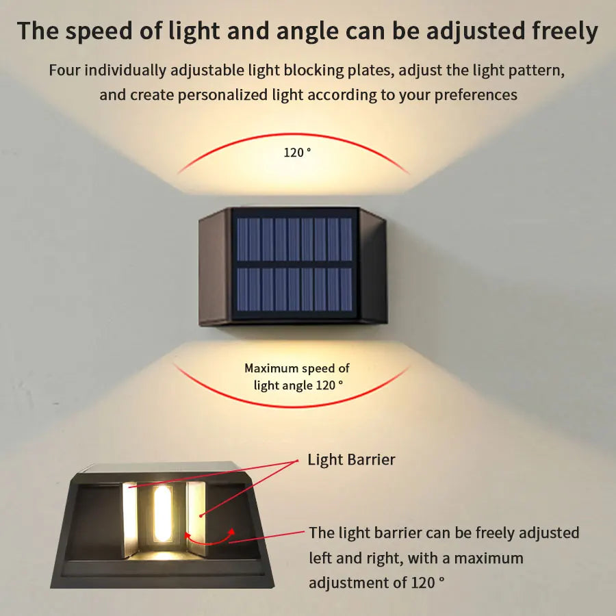 Solar LED Wall Sconce Outdoor — Up Down Light, Adjustable Beam, IP65 Waterproof Garden