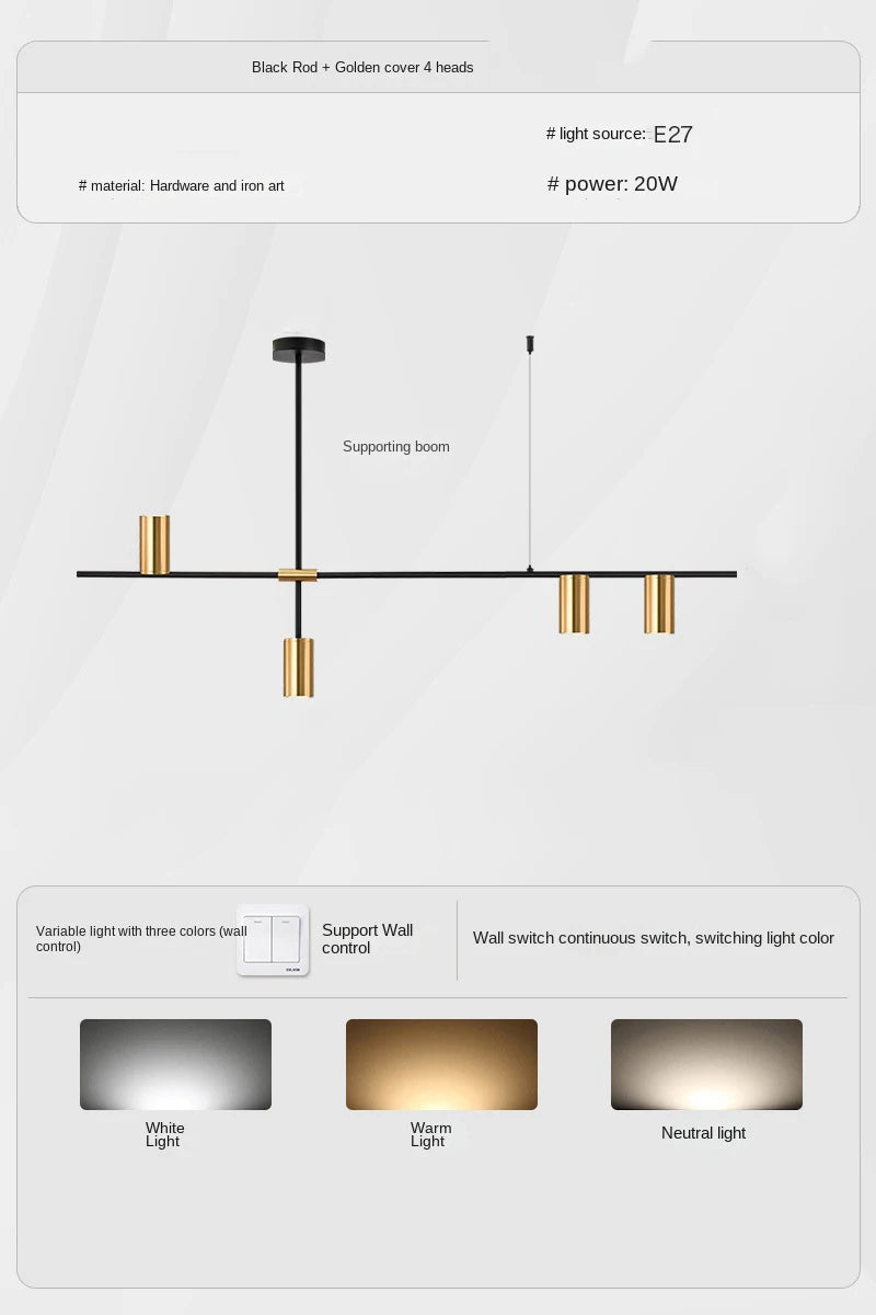Modern LED Pendant Chandelier — 5-Light Linear Bar, Black or Gold, Kitchen Dining Room Living Room