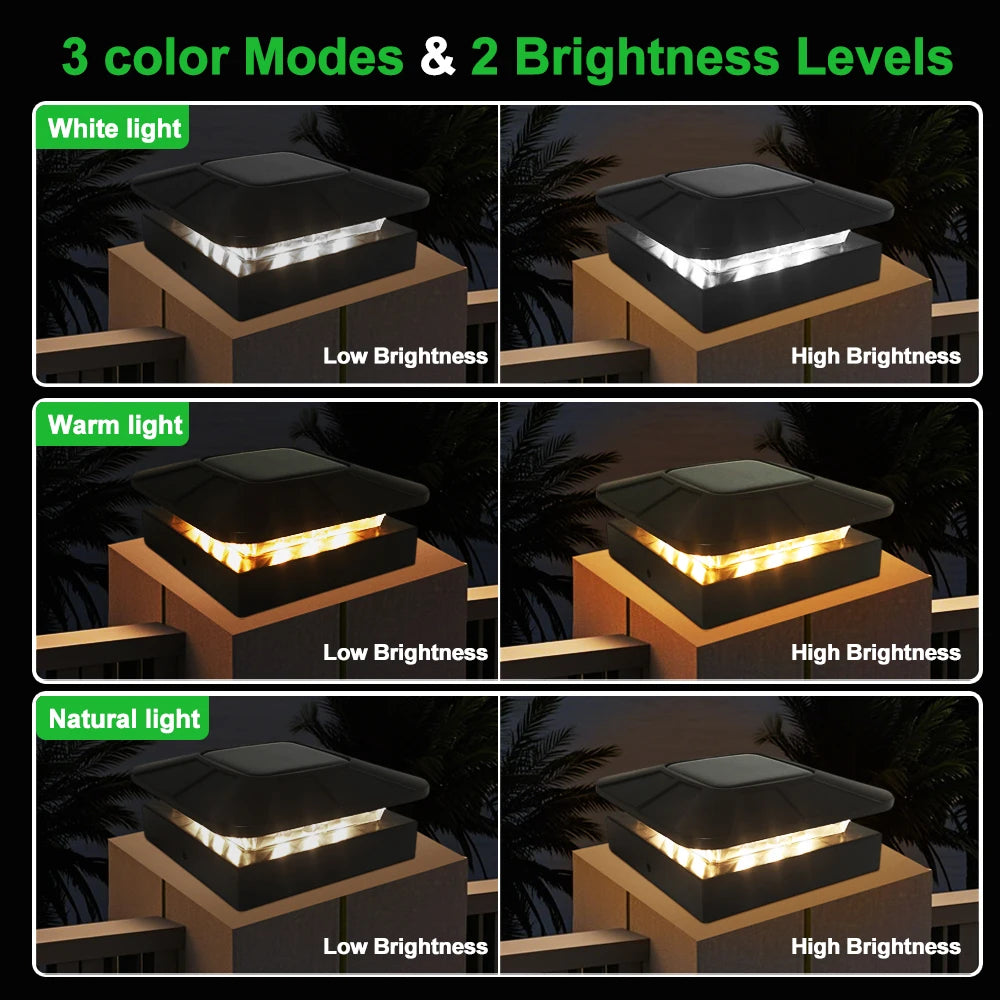 Solar Post Cap Lights — 4-Inch Fence Post Solar Light, IP65 Waterproof, 3 Color Modes, Yard Deck