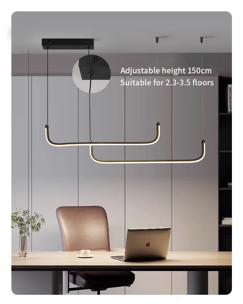 Gold Pendant Light — 26W Dimmable Linear Dining Room Chandelier, Adjustable Height, Gold Black
