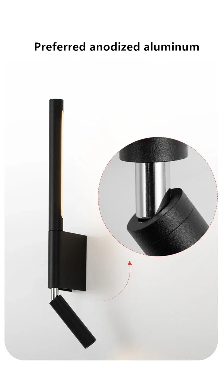 LED Wall Sconce — Adjustable Rotating Bedside Wall Light, Dimmable, Black White, Modern Indoor