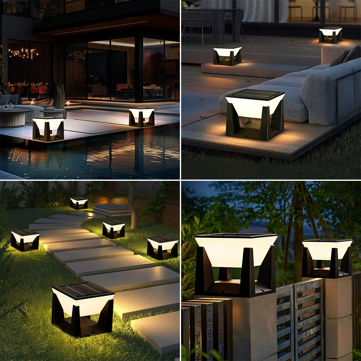 Solar Post Cap Light — Art Deco Flat Top Fence Pillar Light, IP65 Waterproof, 3 Sizes