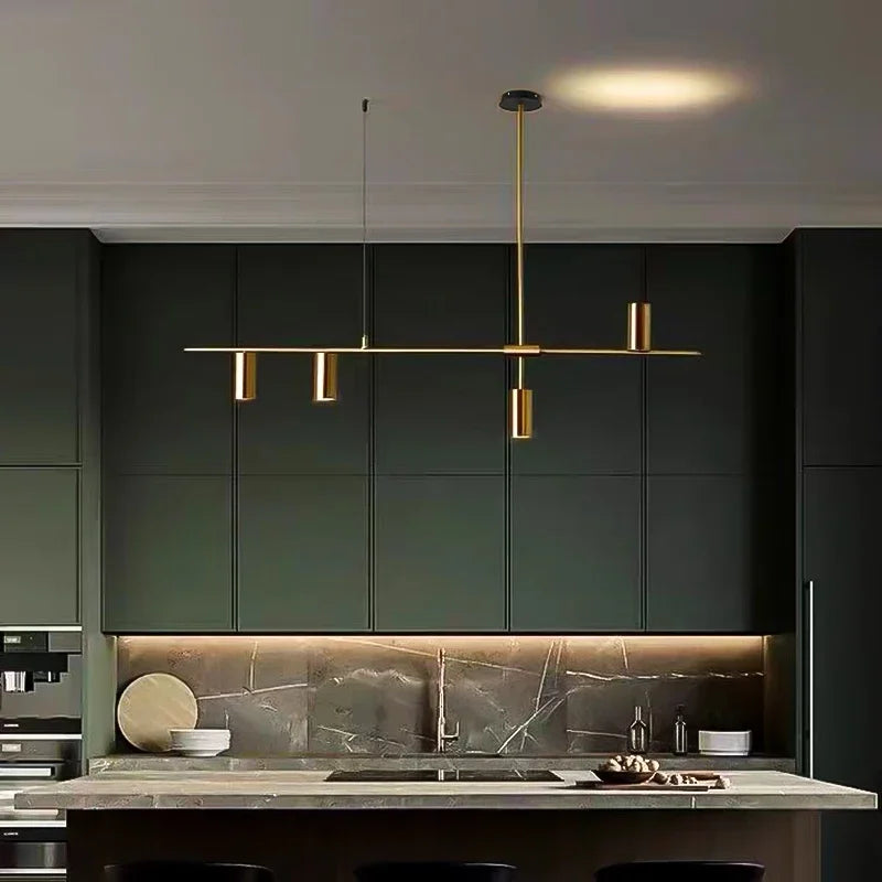 Modern LED Pendant Chandelier — 5-Light Linear Bar, Black or Gold, Kitchen Dining Room Living Room