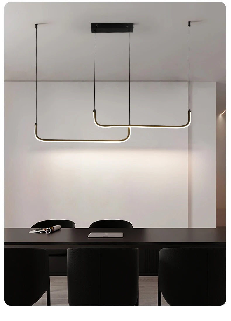 Gold Pendant Light — 26W Dimmable Linear Dining Room Chandelier, Adjustable Height, Gold Black