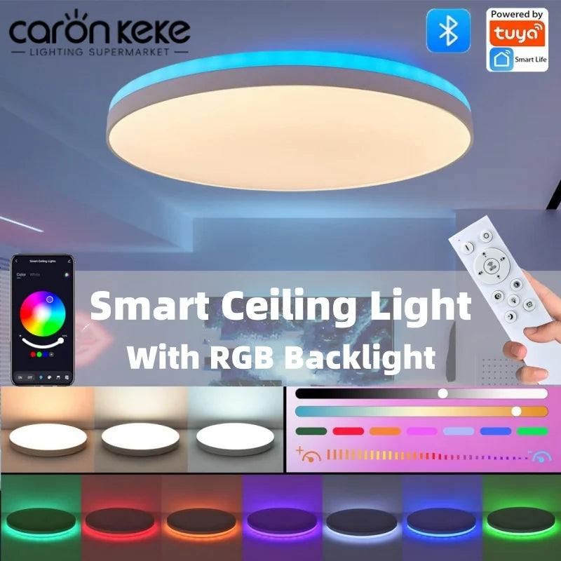 LED Ceiling Light — Smart RGB Tuya App Control, Dimmable Ambient Backlight, Music Sync, Living Room