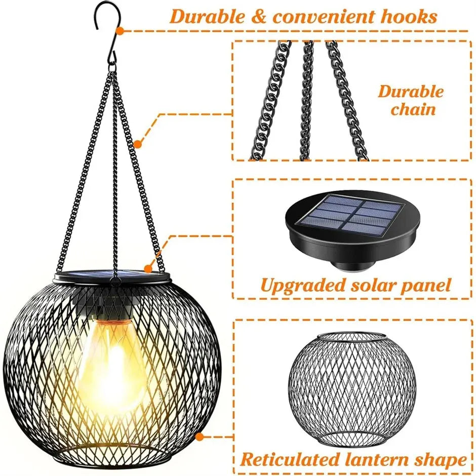 Solar Hanging Lantern — Decorative Outdoor Metal Fairy Light, Waterproof, Garden Patio Yard