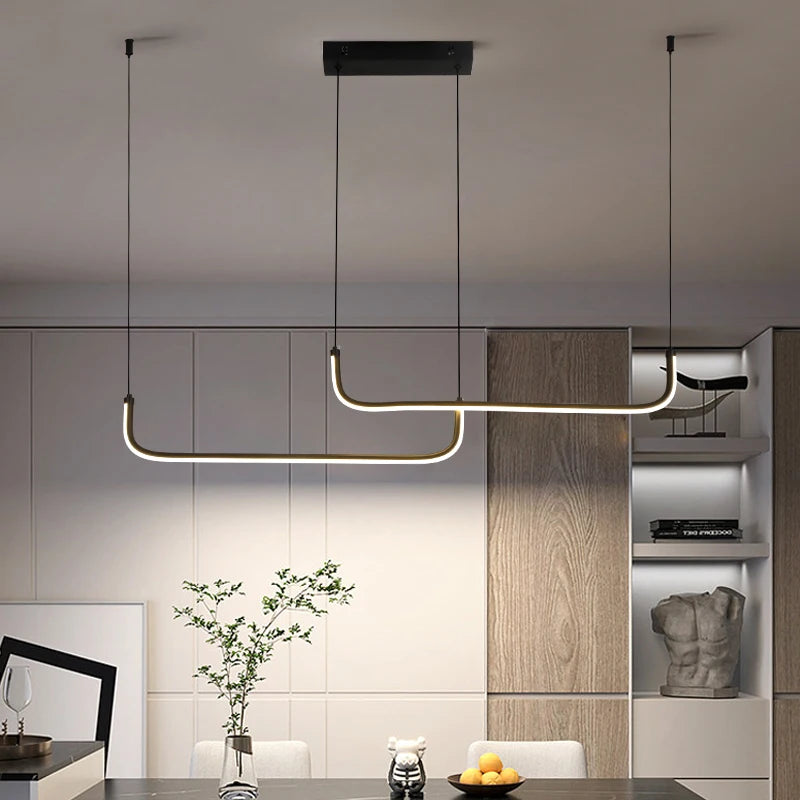 Gold Pendant Light — 26W Dimmable Linear Dining Room Chandelier, Adjustable Height, Gold Black