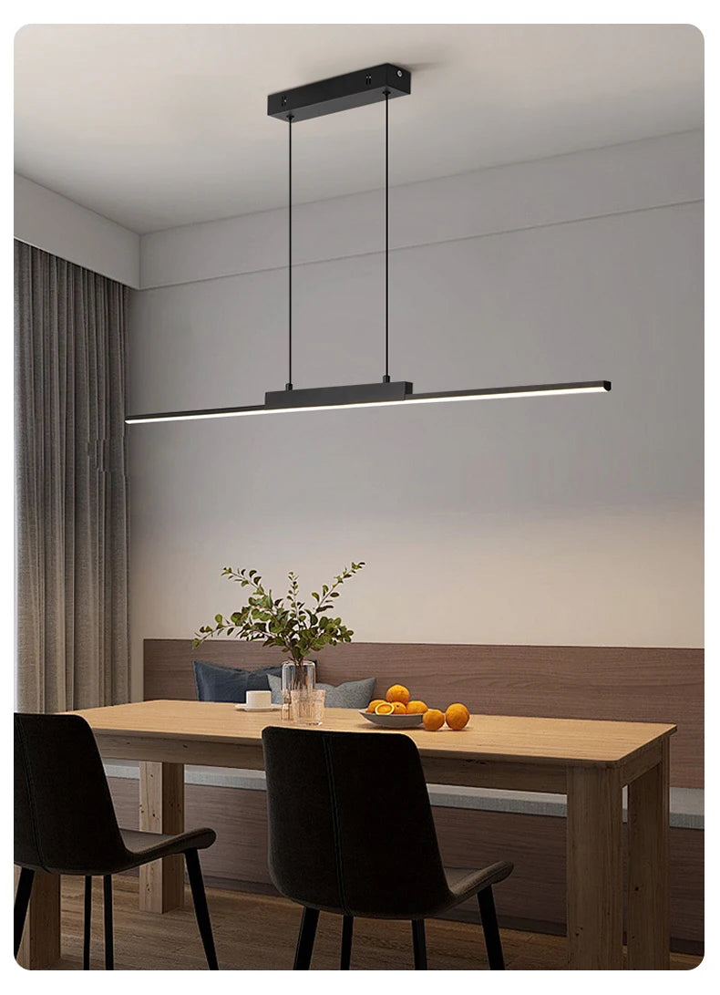 Linear Pendant Light — 26W Dimmable Long Chandelier, Dining Room Kitchen Living Room, Black