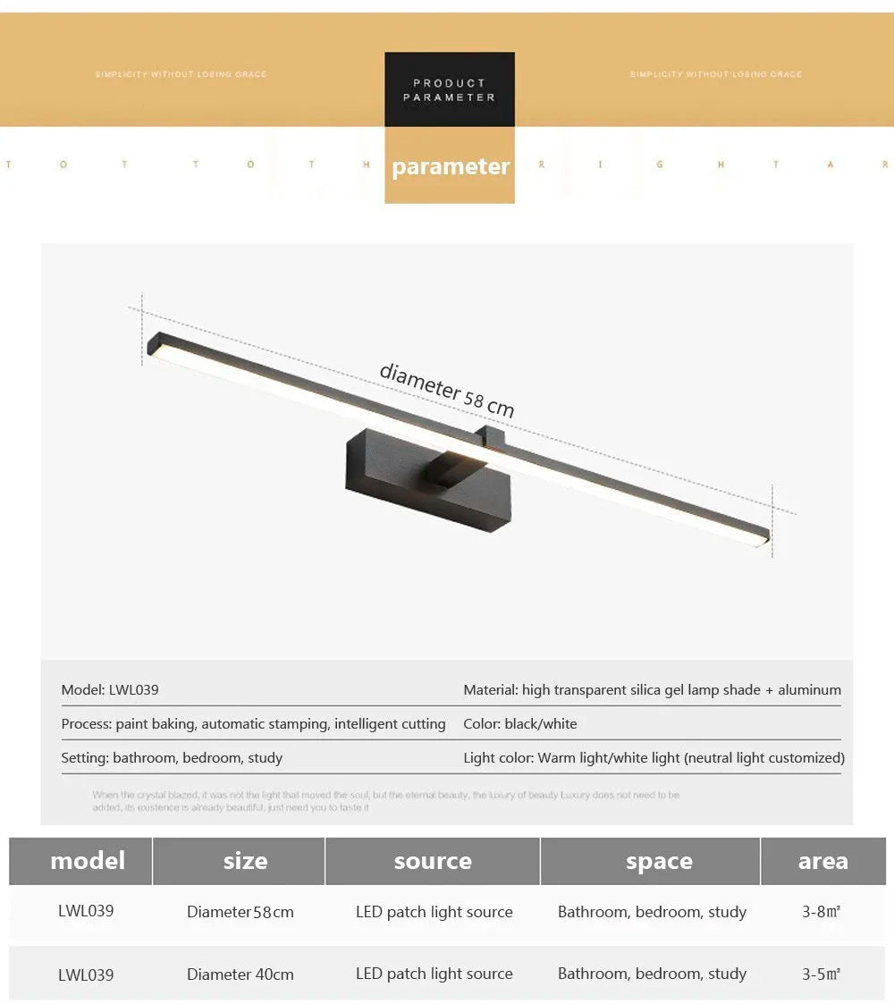 Bathroom Vanity Mirror Wall Light — Touch Switch, Slim Aluminum, Makeup Light, Black White