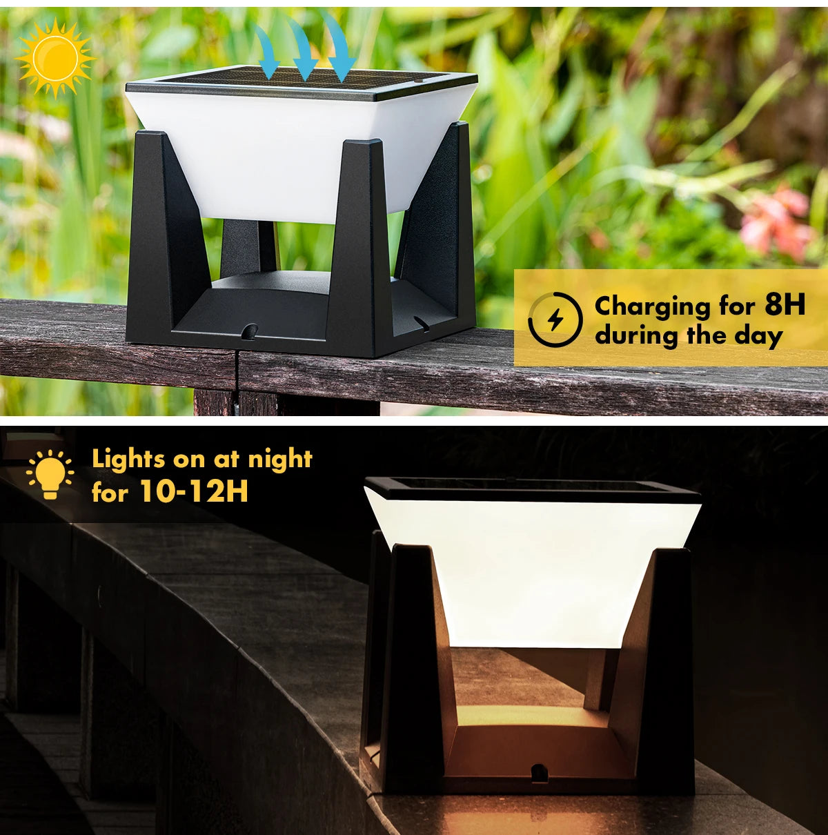 Solar Post Cap Light — Art Deco Flat Top Fence Pillar Light, IP65 Waterproof, 3 Sizes