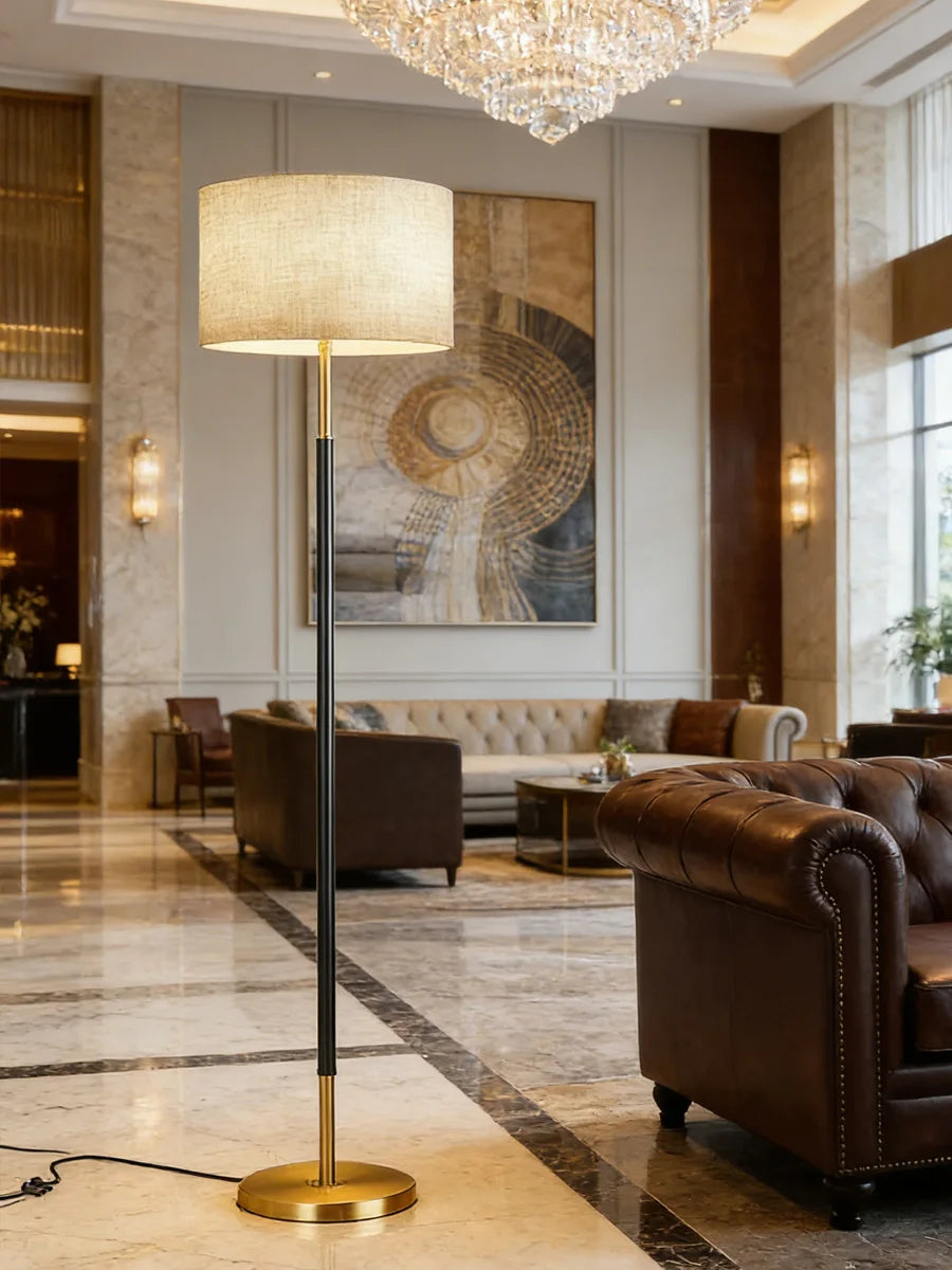 Floor Lamp — Nordic Minimalist Standing Light, Black Gold, Linen Shade, Bedroom Living Room