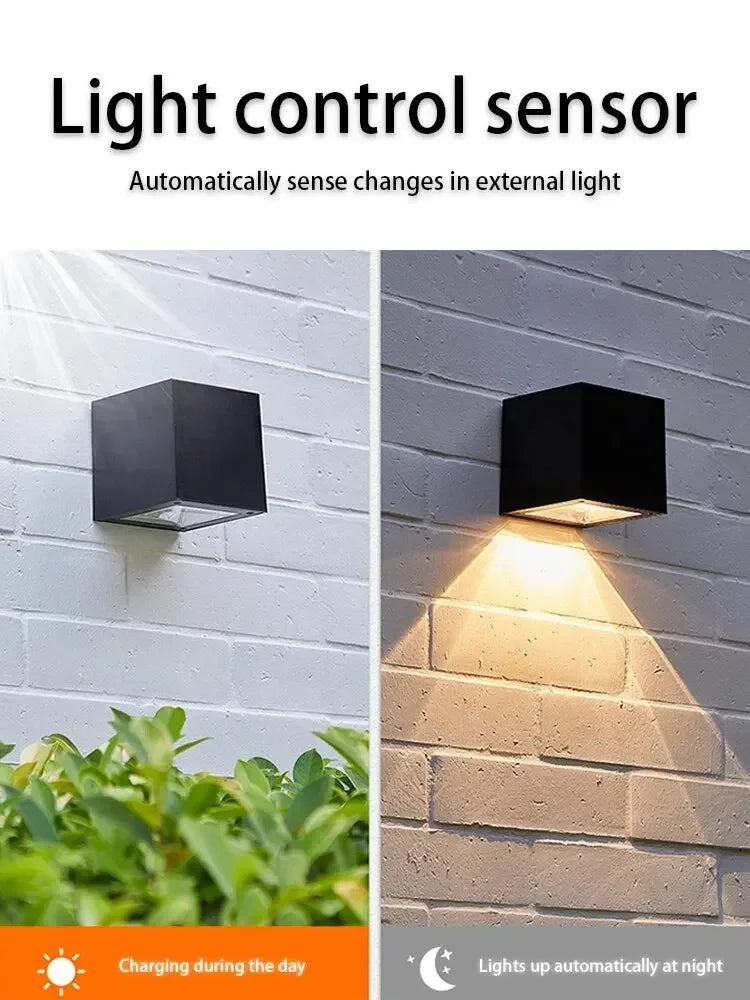 Solar Wall Sconce — Square Outdoor Garden Light, Warm White RGB, IP Waterproof, Porch Fence