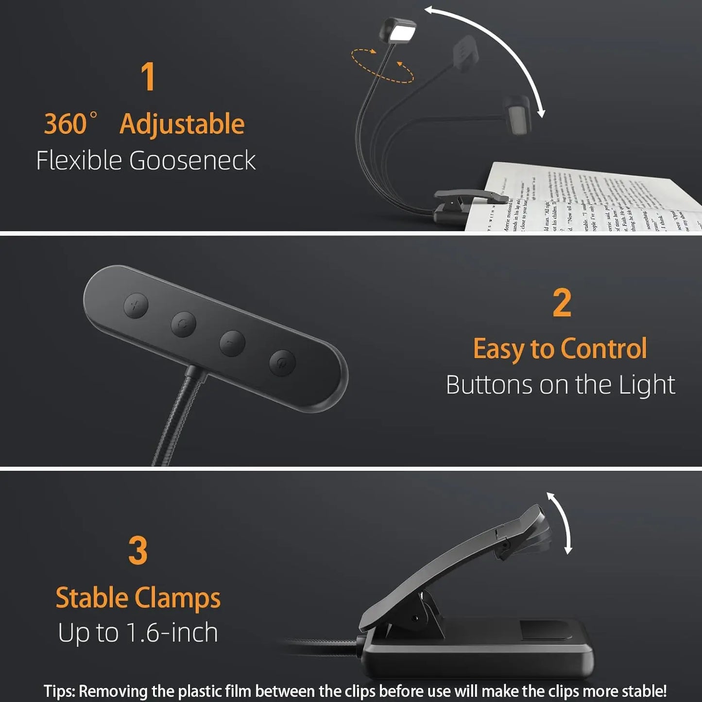 LED Book Light — USB Rechargeable, 3 Color Temps, Flexible Clip, Portable Reading Lamp