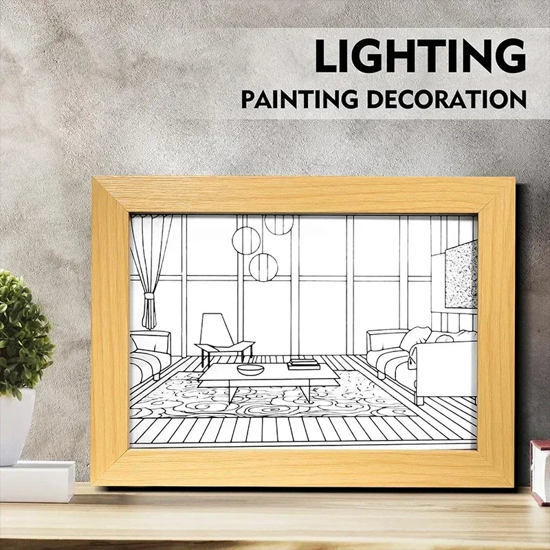 LED Art Painting Lamp — Dimmable 3 Color Modes, Wood Frame, USB, Bedroom Night Light