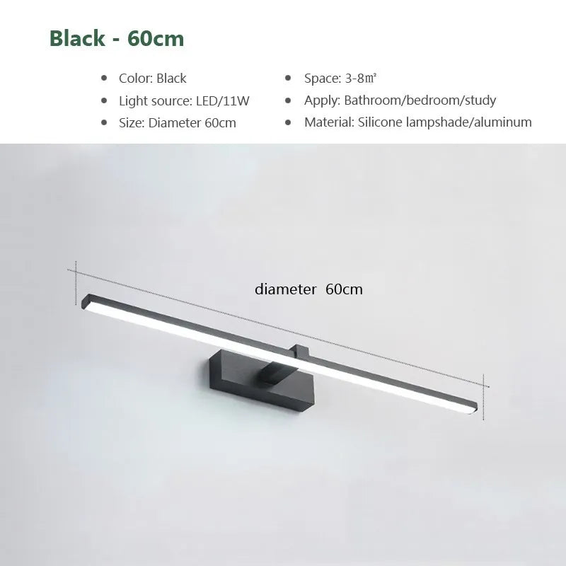 Bathroom Vanity Mirror Wall Light — Touch Switch, Slim Aluminum, Makeup Light, Black White