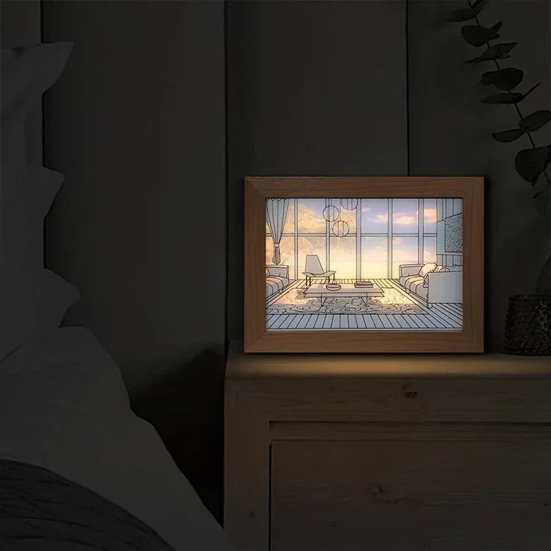 LED Art Painting Lamp — Dimmable 3 Color Modes, Wood Frame, USB, Bedroom Night Light