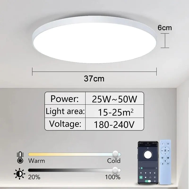 LED Ceiling Light — Smart Dimmable App Remote Control, 3000–6000K, Black White, Bedroom Living Room
