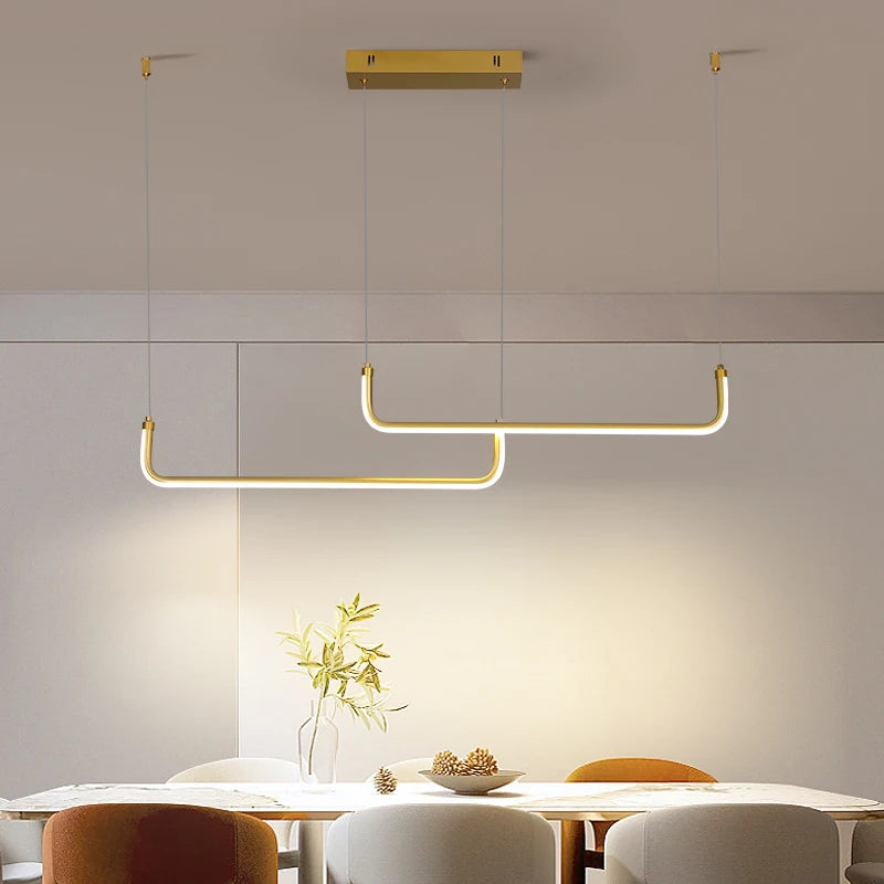 Gold Pendant Light — 26W Dimmable Linear Dining Room Chandelier, Adjustable Height, Gold Black