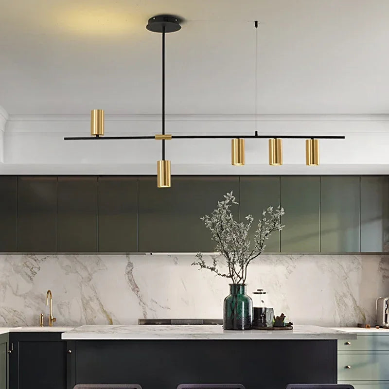 Modern LED Pendant Chandelier — 5-Light Linear Bar, Black or Gold, Kitchen Dining Room Living Room