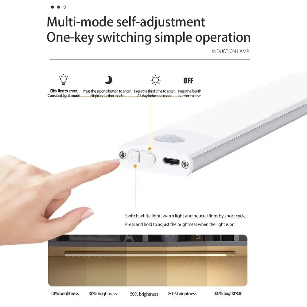LED Under Cabinet Bar Light — Motion Sensor, Rechargeable, Magnetic Mount, Aluminum, Kitchen Closet