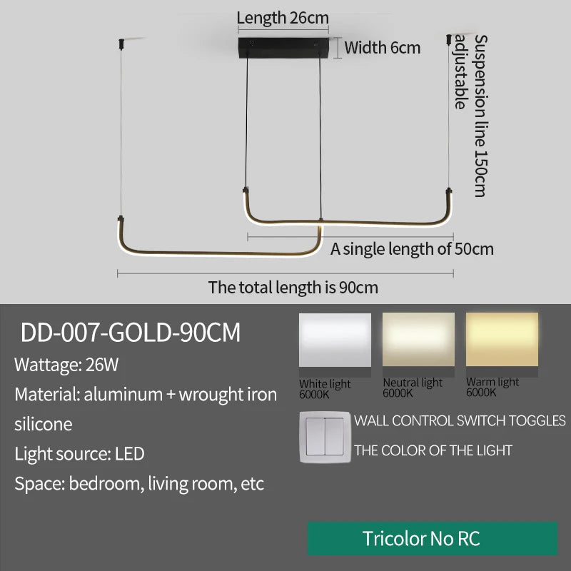 Gold Pendant Light — 26W Dimmable Linear Dining Room Chandelier, Adjustable Height, Gold Black