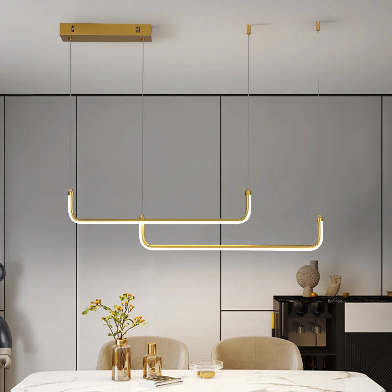 Gold Pendant Light — 26W Dimmable Linear Dining Room Chandelier, Adjustable Height, Gold Black