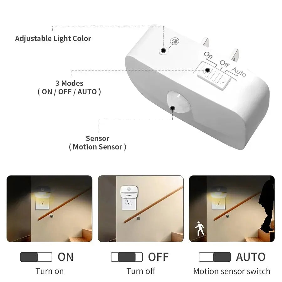 LED Plug-In Motion Sensor Night Light — Auto On/Off, 3 Color Modes, US/EU Plug, Bedroom Hallway