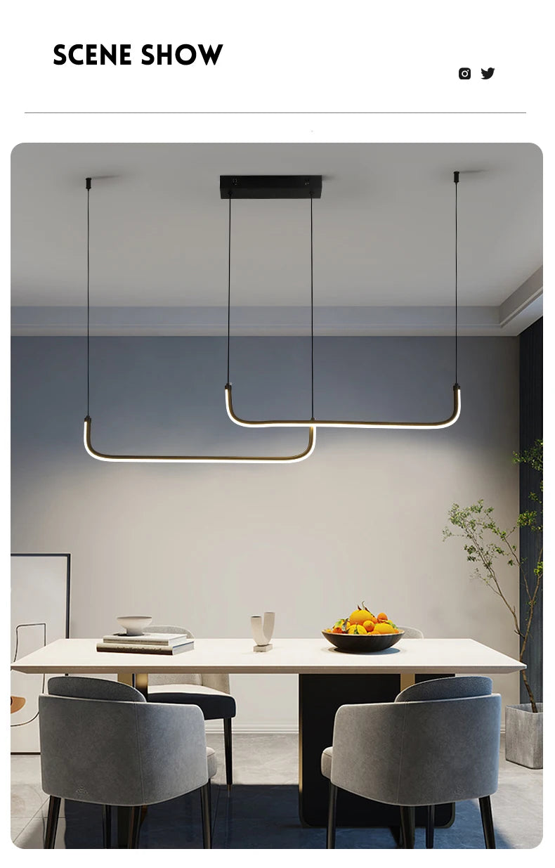 Gold Pendant Light — 26W Dimmable Linear Dining Room Chandelier, Adjustable Height, Gold Black