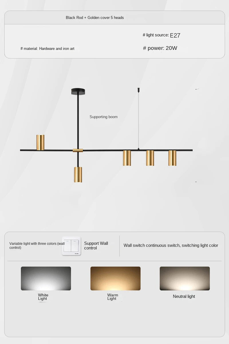 Modern LED Pendant Chandelier — 5-Light Linear Bar, Black or Gold, Kitchen Dining Room Living Room