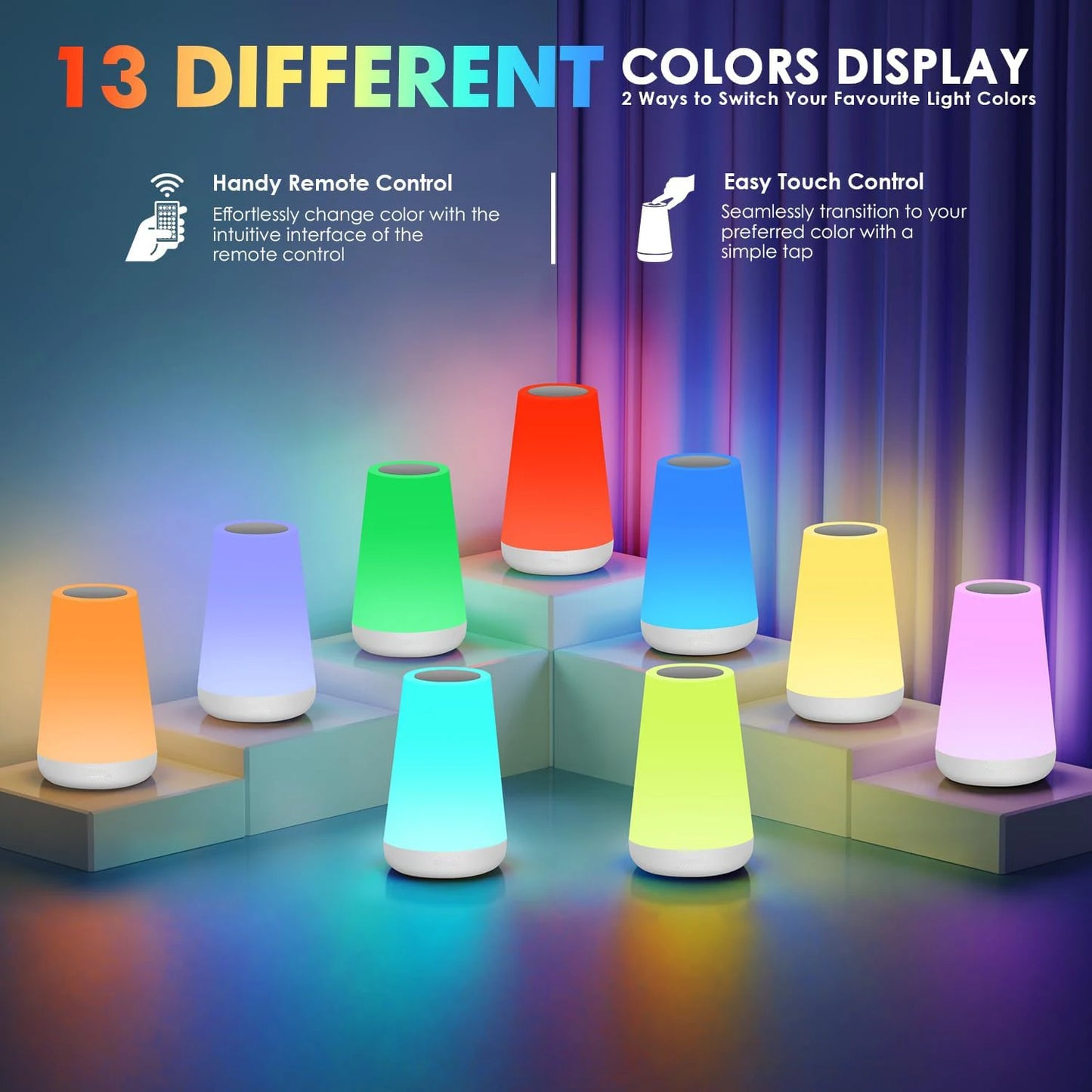 RGB LED Night Light — 13 Colors, Touch & Remote Control, Dimmable, USB Rechargeable, Bedside Lamp