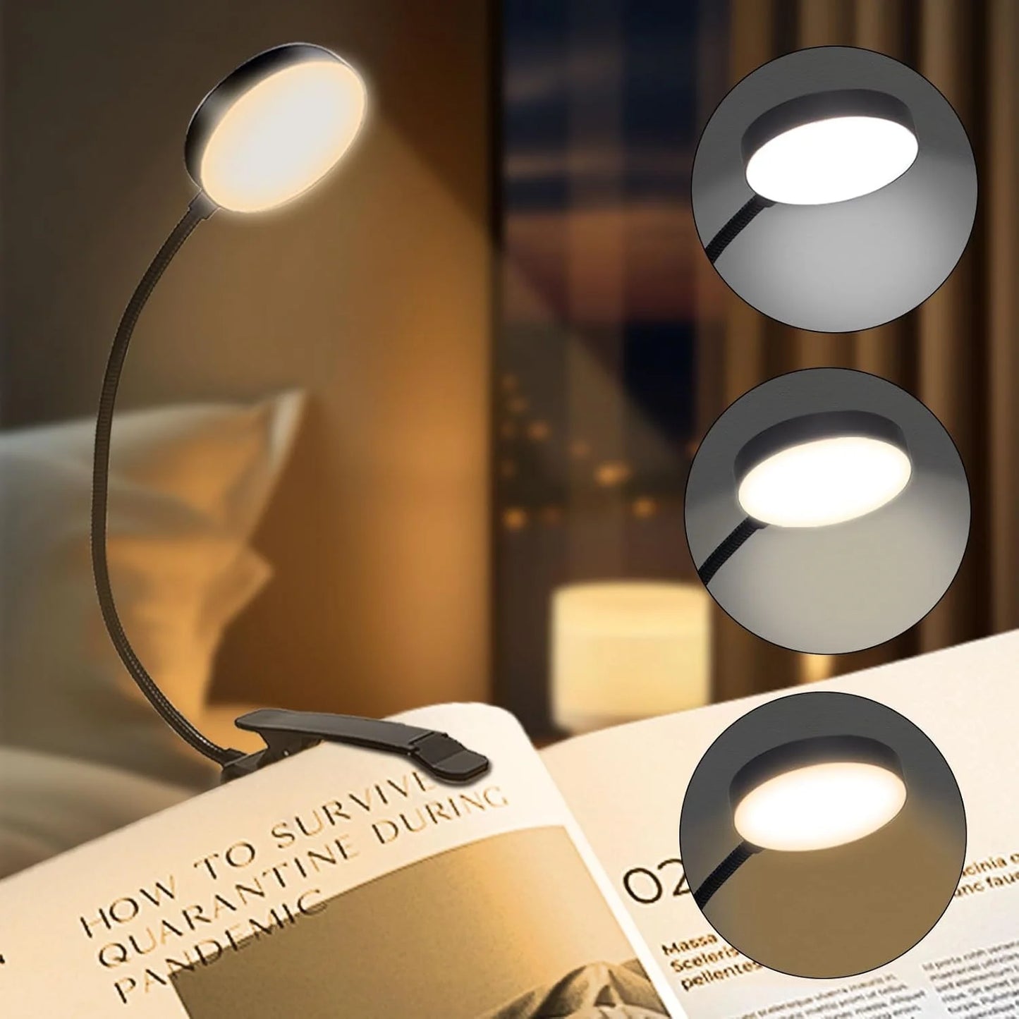 LED Book Light — USB Rechargeable, 3 Color Temps, Flexible Clip, Portable Reading Lamp