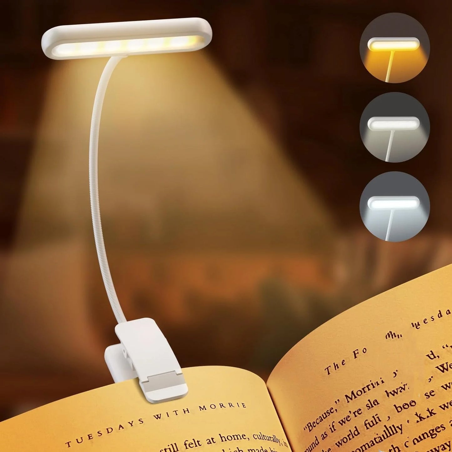 LED Book Light — USB Rechargeable, 3 Color Temps, Flexible Clip, Portable Reading Lamp