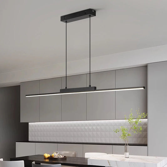 Linear Pendant Light — 26W Dimmable Long Chandelier, Dining Room Kitchen Living Room, Black