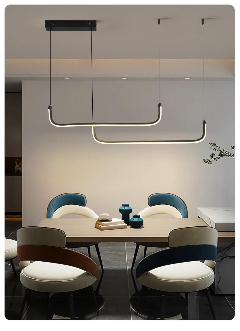 Gold Pendant Light — 26W Dimmable Linear Dining Room Chandelier, Adjustable Height, Gold Black
