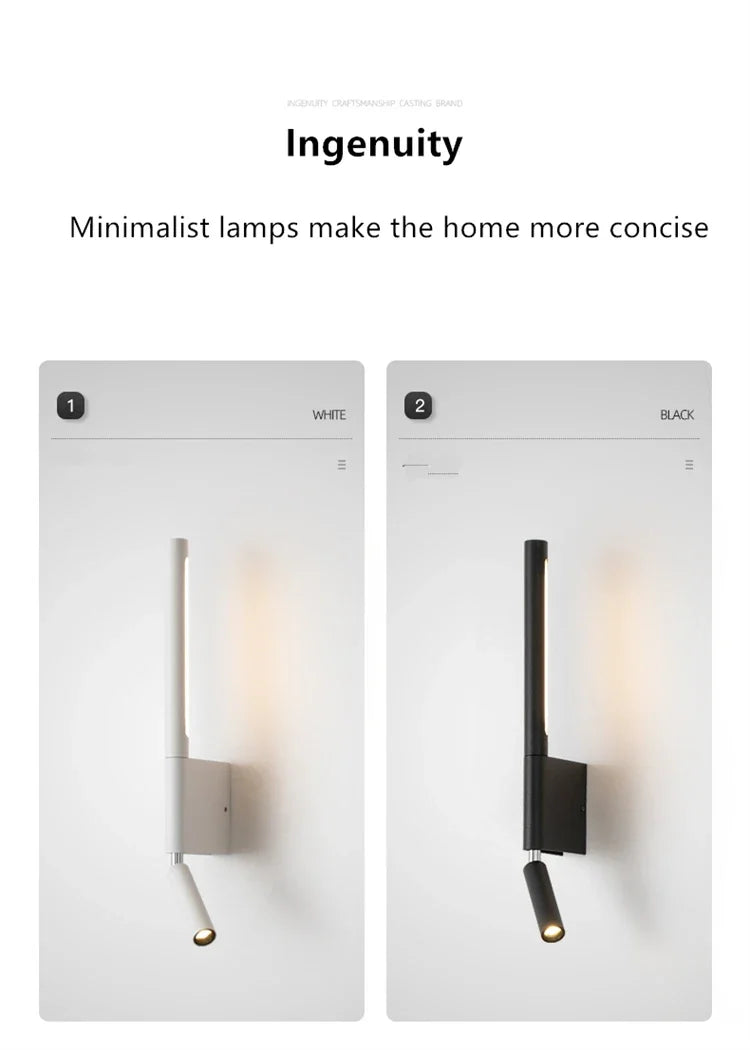 LED Wall Sconce — Adjustable Rotating Bedside Wall Light, Dimmable, Black White, Modern Indoor