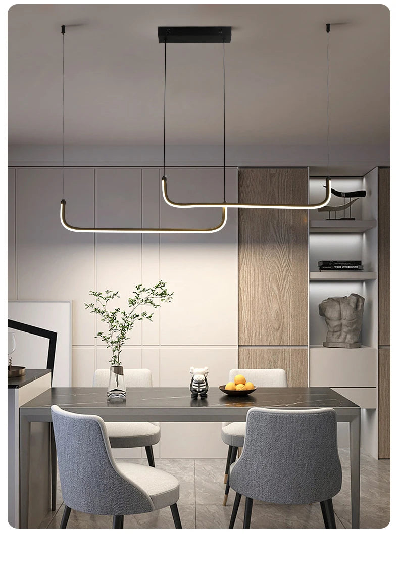 Gold Pendant Light — 26W Dimmable Linear Dining Room Chandelier, Adjustable Height, Gold Black