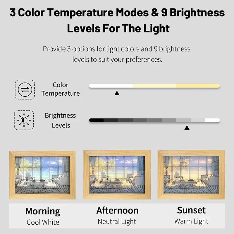 LED Art Painting Lamp — Dimmable 3 Color Modes, Wood Frame, USB, Bedroom Night Light