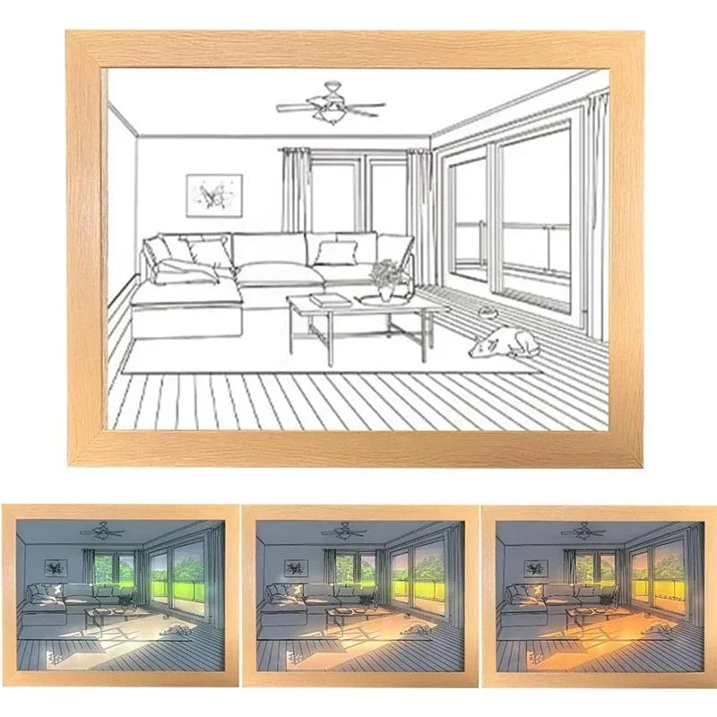 LED Art Painting Lamp — Dimmable 3 Color Modes, Wood Frame, USB, Bedroom Night Light