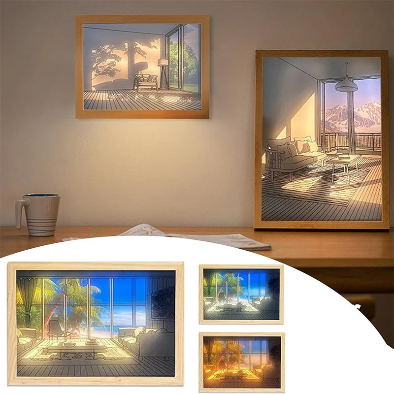 LED Art Painting Lamp — Dimmable 3 Color Modes, Wood Frame, USB, Bedroom Night Light