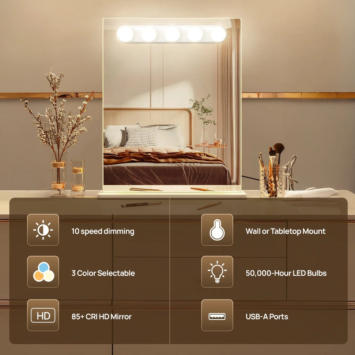 Vanity Mirror Light — USB Dimmable Makeup Lights, 3 Color Temps, Hollywood Style Bathroom