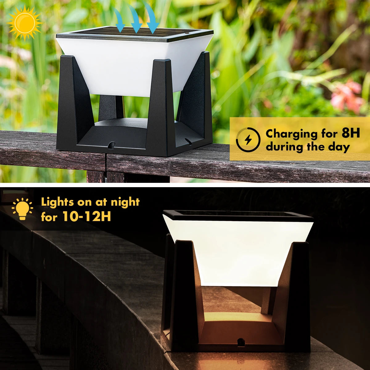 Solar Post Cap Light — Art Deco Flat Top Fence Pillar Light, IP65 Waterproof, 3 Sizes