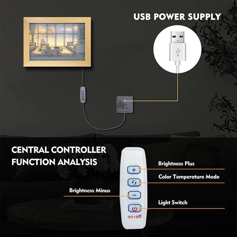 LED Art Painting Lamp — Dimmable 3 Color Modes, Wood Frame, USB, Bedroom Night Light