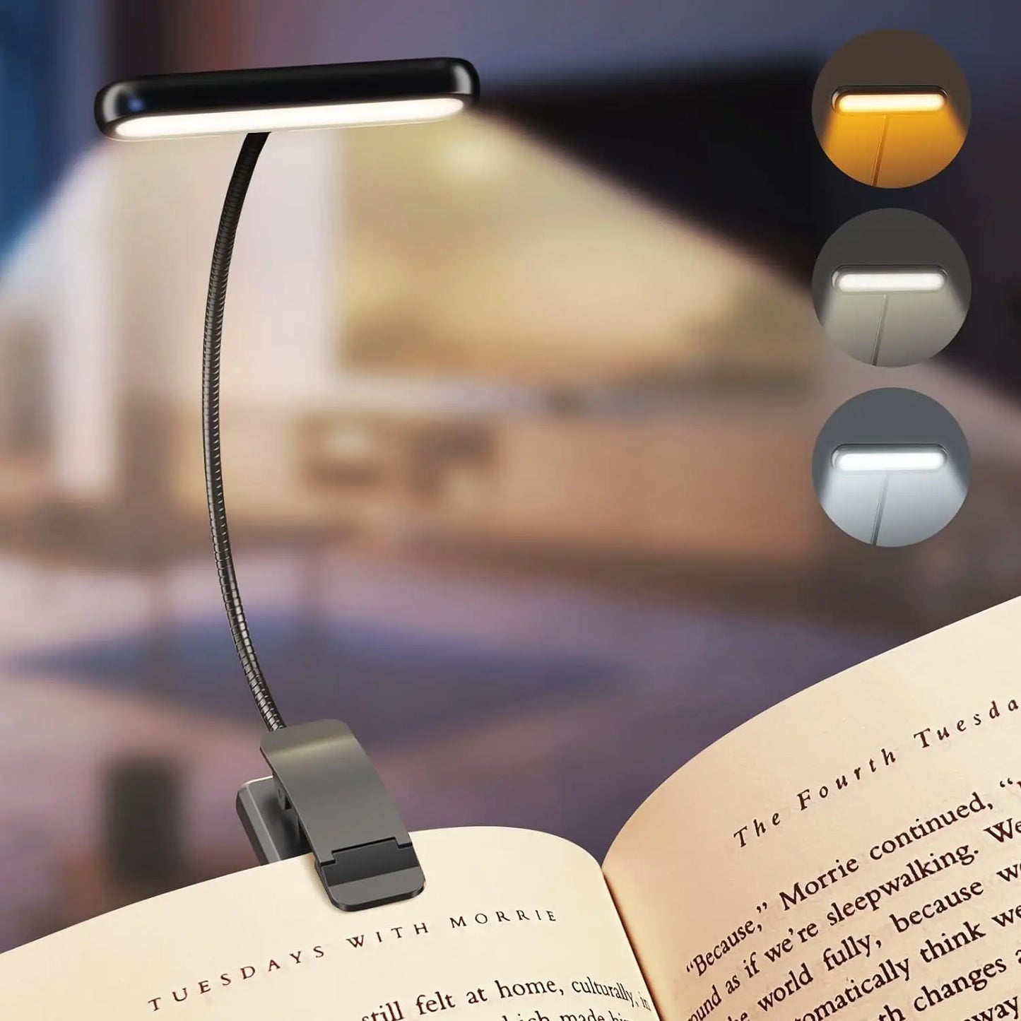 LED Book Light — USB Rechargeable, 3 Color Temps, Flexible Clip, Portable Reading Lamp