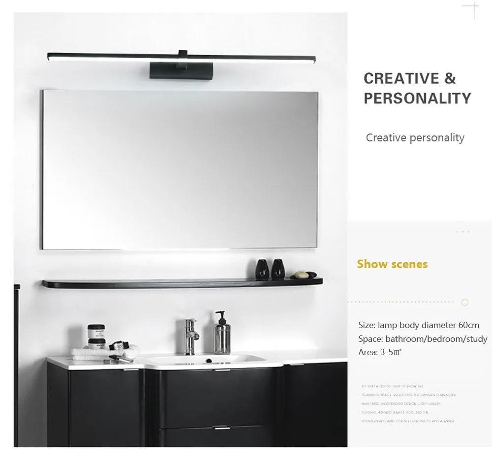 Bathroom Vanity Mirror Wall Light — Touch Switch, Slim Aluminum, Makeup Light, Black White